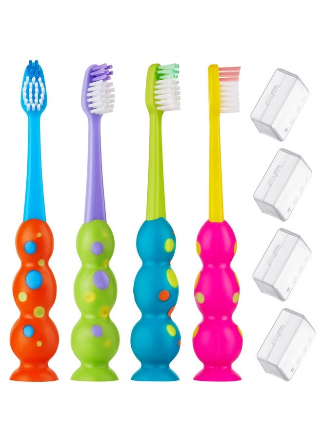 Kids Toothbrush 4 Pack - Soft Bristles With Suction Cup - Toothbrush Kids, Child Sized Brush Heads (3-10 Year Old) Kid Toothbrush With Easy Storage - Toddler, Girl & Boy Set (4-Pack, Multi-Color)