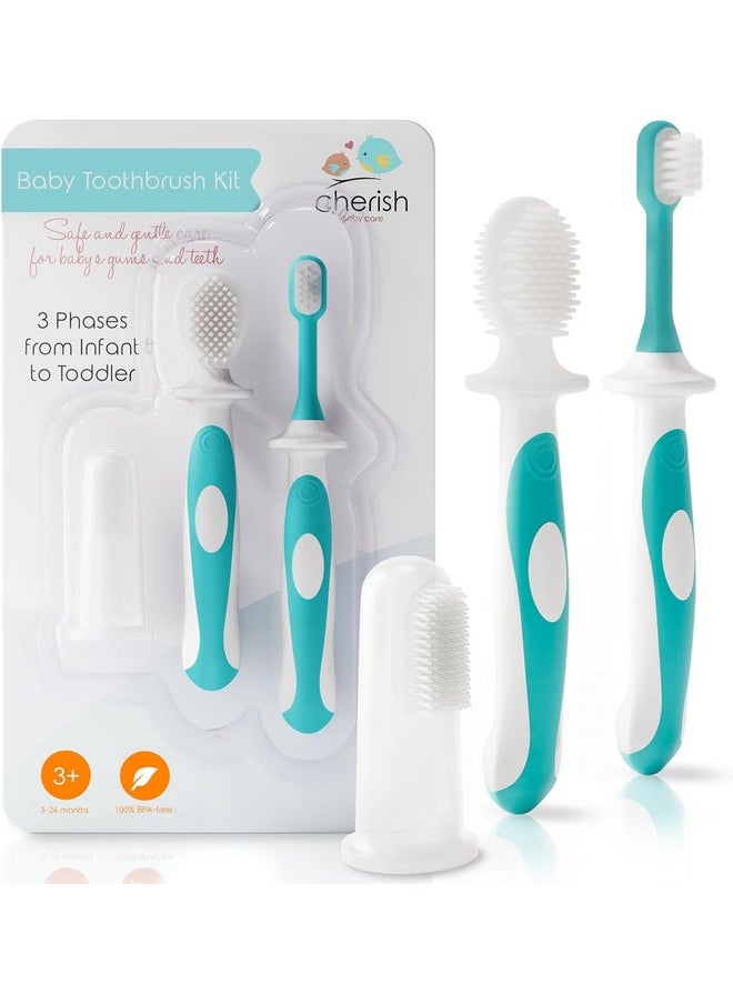 Award-Winning Baby Toothbrush Set (3-24 Months) - Baby Finger Toothbrush, Training Toothbrush & Toddler Toothbrush - Bpa-Free Infant Toothbrush Set, Baby First Toothbrush Set (Teal)