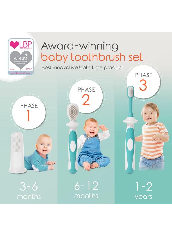 Award-Winning Baby Toothbrush Set (3-24 Months) - Baby Finger Toothbrush, Training Toothbrush & Toddler Toothbrush - Bpa-Free Infant Toothbrush Set, Baby First Toothbrush Set (Teal)