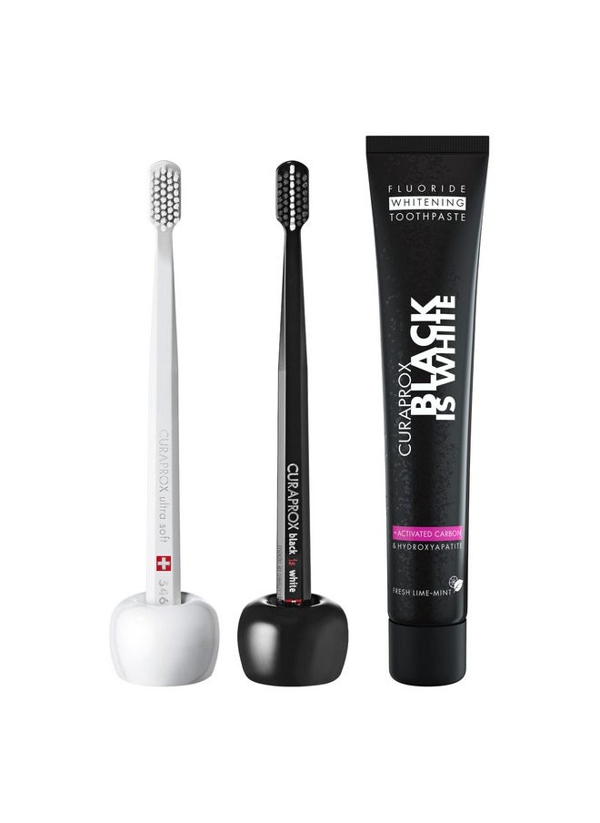 Cs 5460 Toothbrush Set, 2 Toothbrush Holders And Activated Charcoal Toothpaste, Home Kit, Black Is White