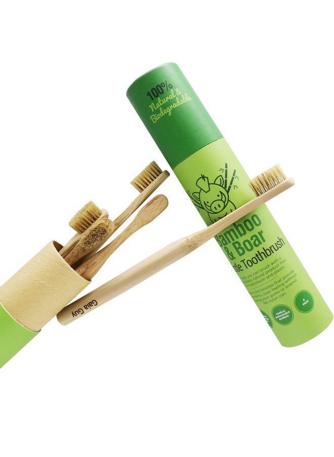 Natural Bristle Bamboo Toothbrush (No Nylon - Boar Hair Only) - Totally Compostable & Biodegradable Boar Bristle And Bamboo Toothbrushes - Zero Waste - 6-Pack