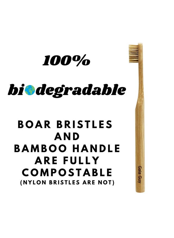Natural Bristle Bamboo Toothbrush (No Nylon - Boar Hair Only) - Totally Compostable & Biodegradable Boar Bristle And Bamboo Toothbrushes - Zero Waste - 6-Pack