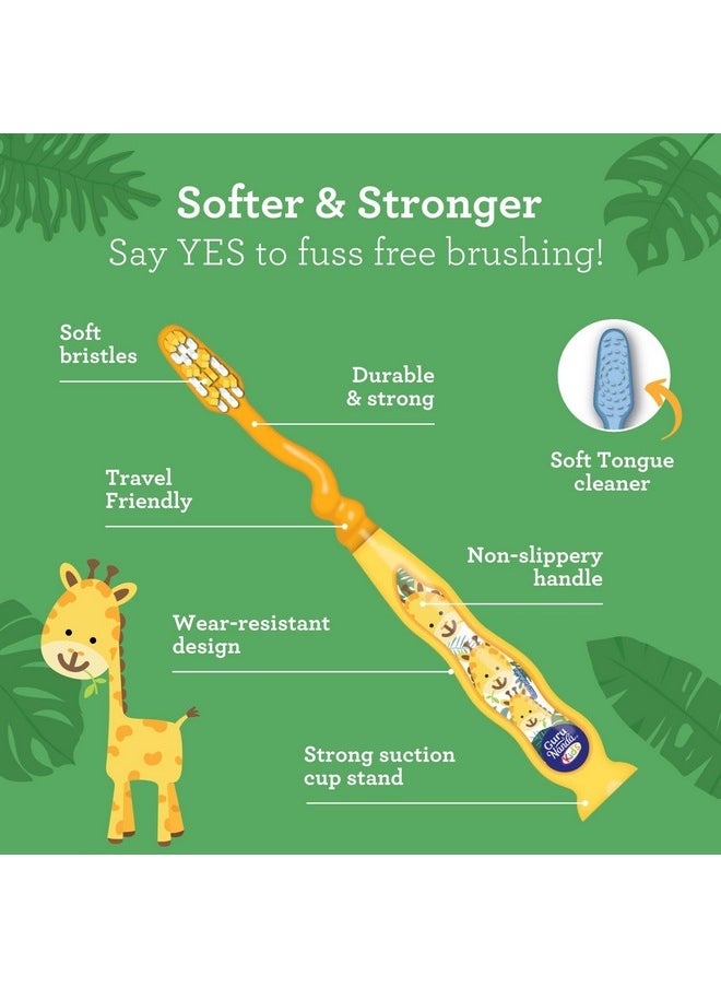 Kids Toothbrush With Suction Cup & Fun Animal Designs - Soft Bristles For Healthy Gums- Non-Slippery & Mess-Free Toothbrush, 3+ Age- 4 Count