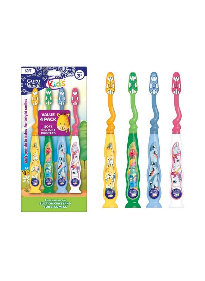 Kids Toothbrush With Suction Cup & Fun Animal Designs - Soft Bristles For Healthy Gums- Non-Slippery & Mess-Free Toothbrush, 3+ Age- 4 Count