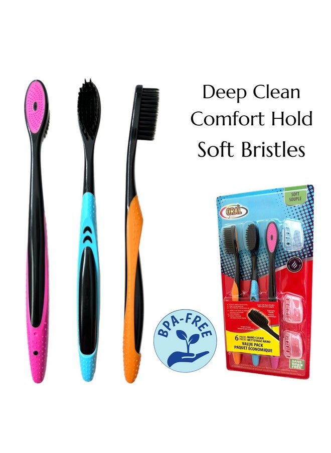 3Pc Neon & Black Soft Bristles Toothbrush Deep Cleaning Sensitive Teeth Gum Extra Fine Bristles Cheek & Tongue Cleaner Ergonomic Non-Slip Comfort Hold With Caps Tsa Approved Bpa Free