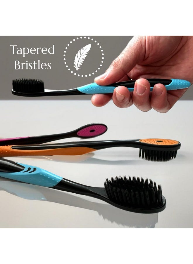 3Pc Neon & Black Soft Bristles Toothbrush Deep Cleaning Sensitive Teeth Gum Extra Fine Bristles Cheek & Tongue Cleaner Ergonomic Non-Slip Comfort Hold With Caps Tsa Approved Bpa Free
