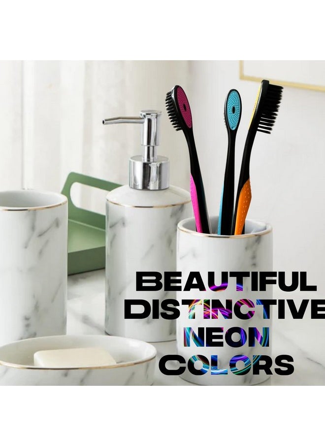 3Pc Neon & Black Soft Bristles Toothbrush Deep Cleaning Sensitive Teeth Gum Extra Fine Bristles Cheek & Tongue Cleaner Ergonomic Non-Slip Comfort Hold With Caps Tsa Approved Bpa Free