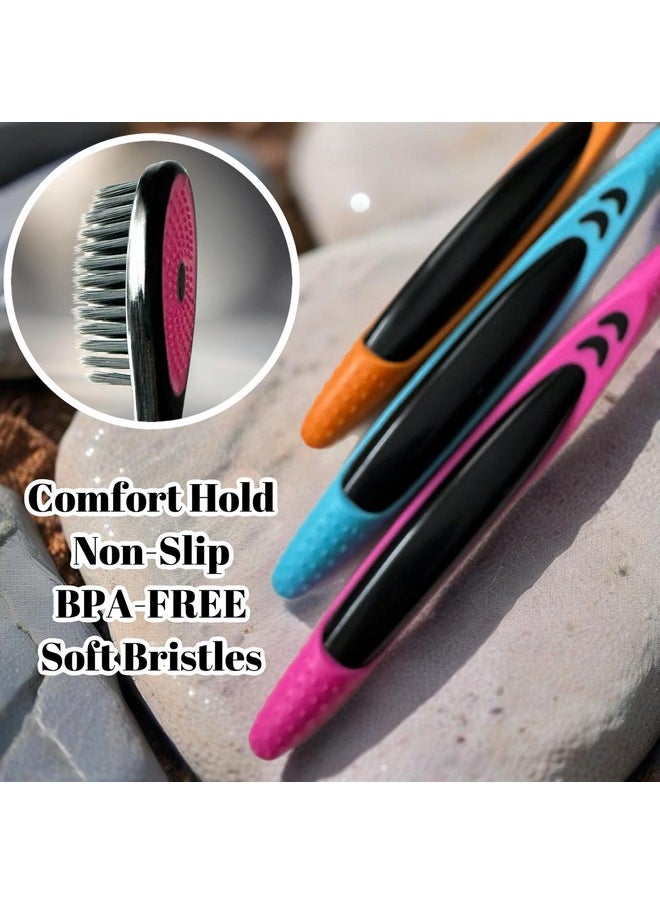 3Pc Neon & Black Soft Bristles Toothbrush Deep Cleaning Sensitive Teeth Gum Extra Fine Bristles Cheek & Tongue Cleaner Ergonomic Non-Slip Comfort Hold With Caps Tsa Approved Bpa Free