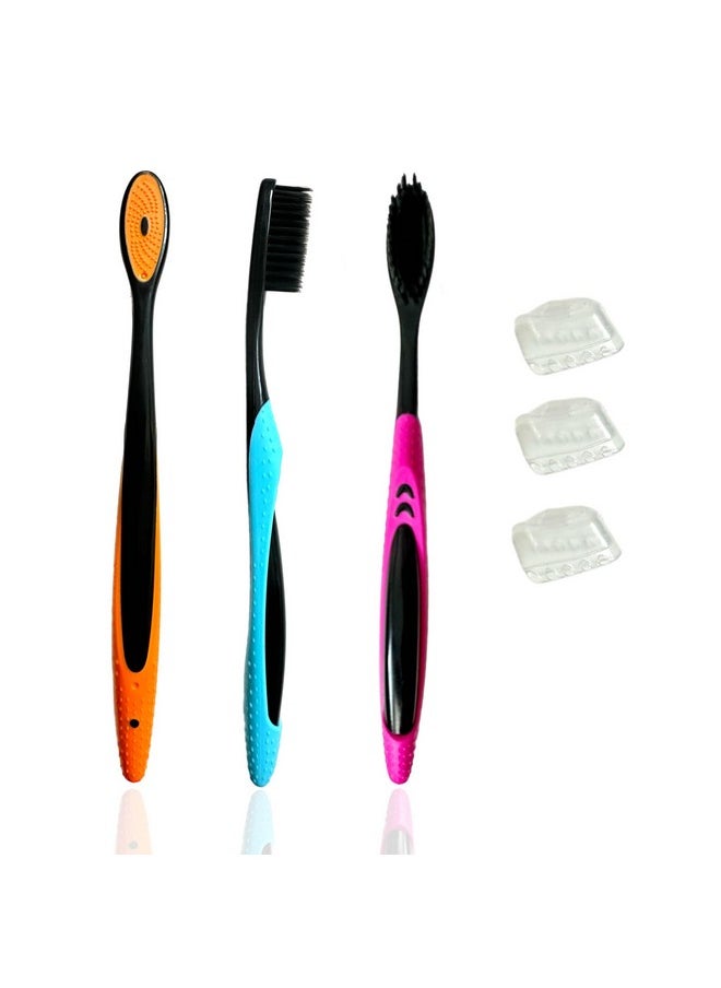 3Pc Neon & Black Soft Bristles Toothbrush Deep Cleaning Sensitive Teeth Gum Extra Fine Bristles Cheek & Tongue Cleaner Ergonomic Non-Slip Comfort Hold With Caps Tsa Approved Bpa Free