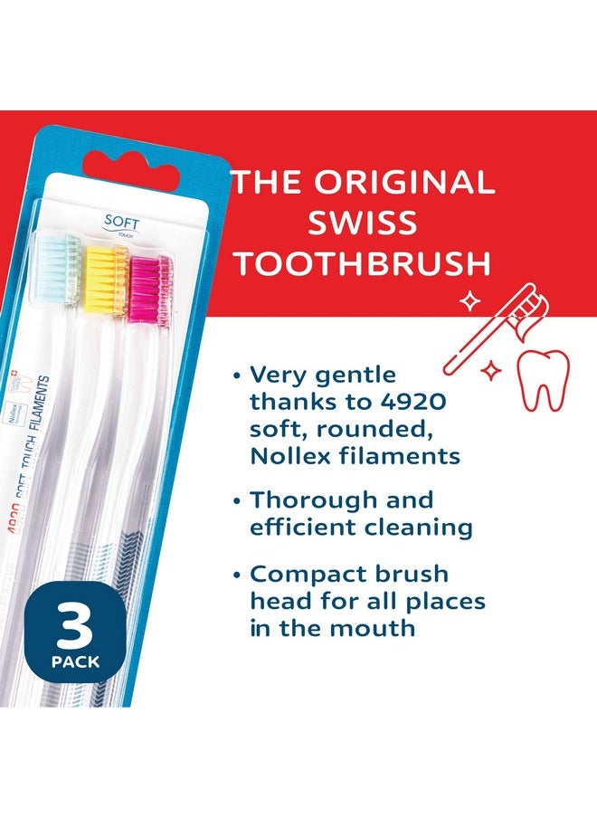 4920 Adult Soft Swiss Toothbrush For Gentle Cleaning With Ergonomic Handle, 3 Count