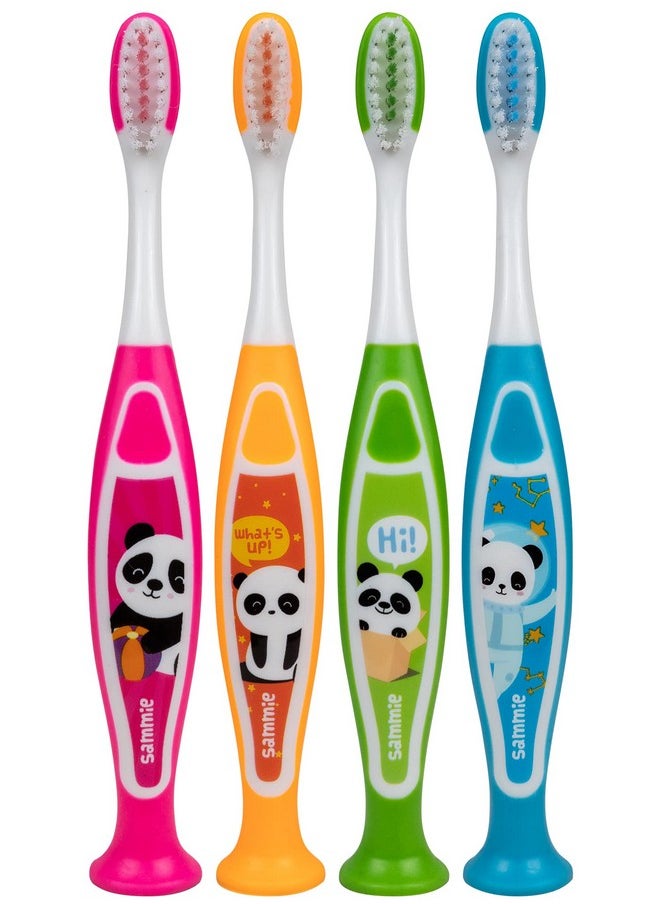 Kids Toothbrush With Suction Cup, Sammie The Panda, Animal Design, Soft Bristles For Boys & Girls, Toddlers & Children Ages 2+, Pack Of 4