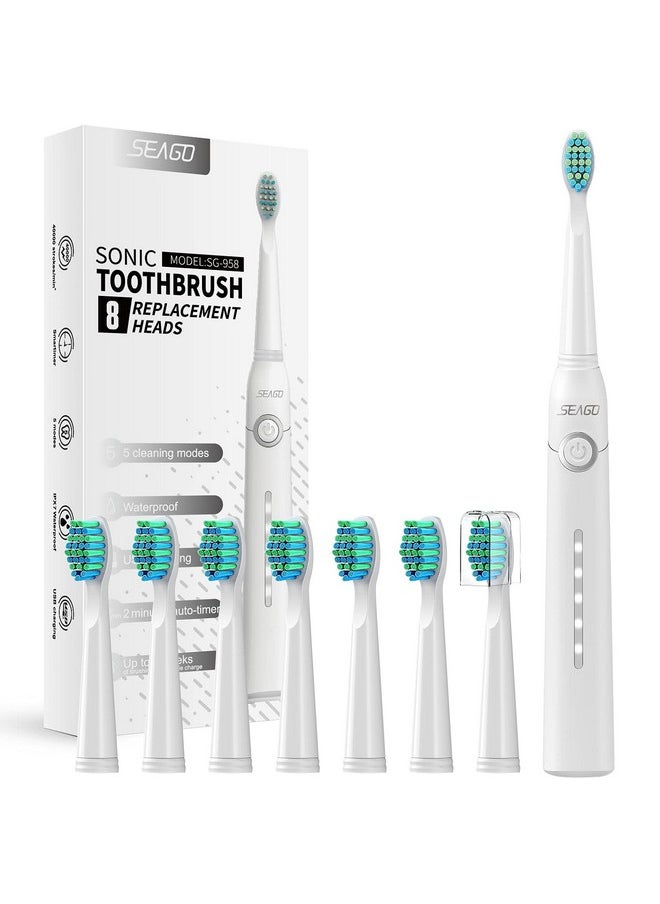 Electric Toothbrush For Adults, With 8 Brush Heads And 5 Modes, Rechargeable Sonic Toothbrush One Charge For 30 Days, Travel Electric Toothbrushes With 2 Mins Timer(White)