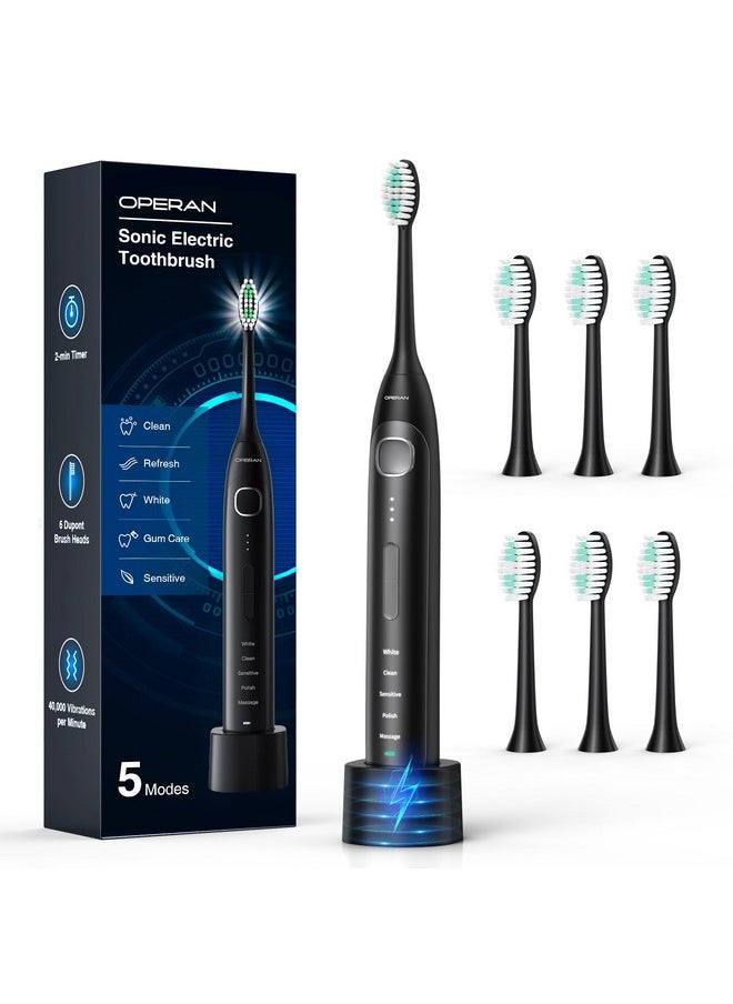 Electric Toothbrush For Adults And Kids High Power Sonic Rechargeable Toothbrush With Smart Timer 5 Modes 6 Brush Heads 40,000 Vpm Motor 6 Hours Fast Charge For 100 Days (Black)