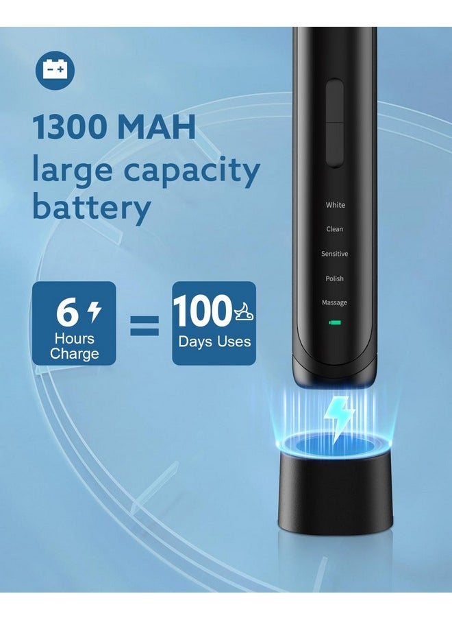 Electric Toothbrush For Adults And Kids High Power Sonic Rechargeable Toothbrush With Smart Timer 5 Modes 6 Brush Heads 40,000 Vpm Motor 6 Hours Fast Charge For 100 Days (Black)