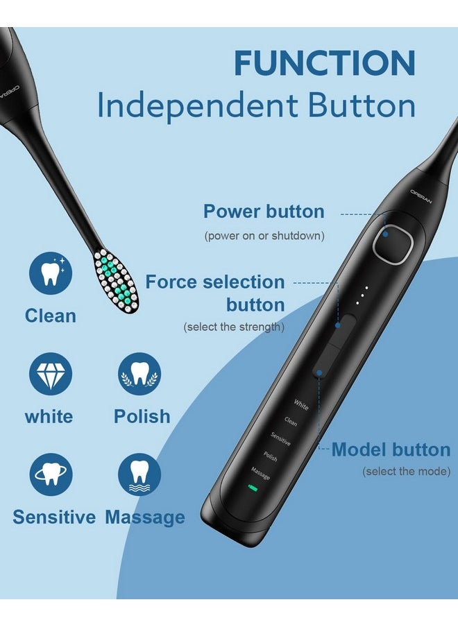 Electric Toothbrush For Adults And Kids High Power Sonic Rechargeable Toothbrush With Smart Timer 5 Modes 6 Brush Heads 40,000 Vpm Motor 6 Hours Fast Charge For 100 Days (Black)