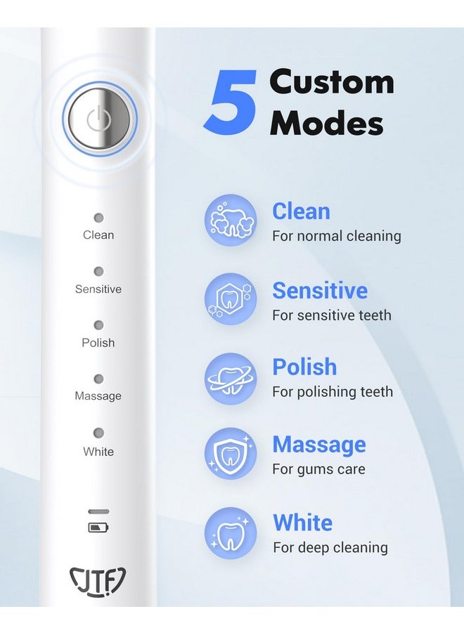 Sonic Electric Toothbrush For Adults, Rechargeable Toothbrushes With 8 Brush Heads And Holder For Travel, 5 Modes And 2 Min Auto Smart Timer, 2 Hours Charger For 45 Days Use, White