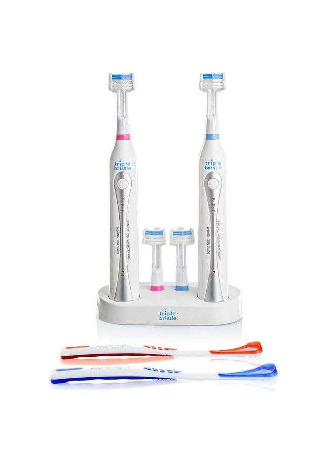 Duo - 2 Electric Toothbrushes With Dual Charging Station, Patented 3 Head Design, 31,000 Vpm, Rechargeable Toothbrush Set For Families & Couples, 3-Sided Sonic Brush