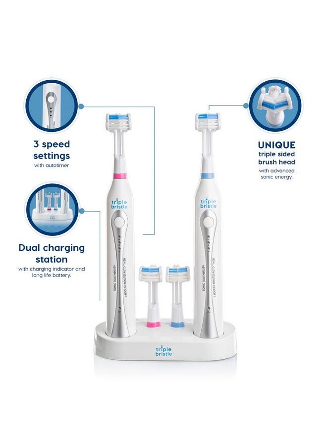 Duo - 2 Electric Toothbrushes With Dual Charging Station, Patented 3 Head Design, 31,000 Vpm, Rechargeable Toothbrush Set For Families & Couples, 3-Sided Sonic Brush