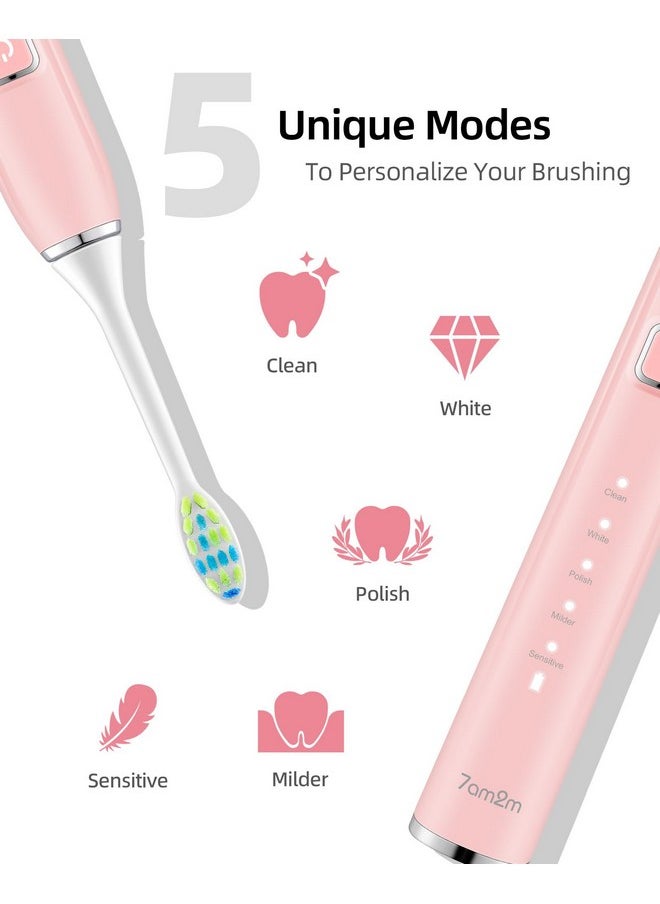 Sonic Electric Toothbrush With 6 Brush Heads For Adults And Kids, One Charge For 90 Days, Wireless Fast Charge, 5 Modes With 2 Minutes Built In Smart Timer, Electric Toothbrushes(Pink)