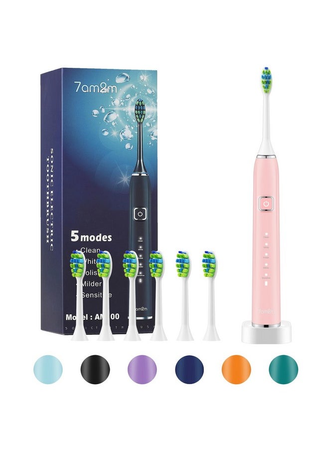 Sonic Electric Toothbrush With 6 Brush Heads For Adults And Kids, One Charge For 90 Days, Wireless Fast Charge, 5 Modes With 2 Minutes Built In Smart Timer, Electric Toothbrushes(Pink)