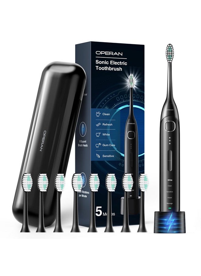 Electric Toothbrush For Adults And Kids Rechargeable Sonic Toothbrush With 5 Modes 2-Min Smart Timer Ipx7 Waterproof 40,000 Vpm Motor With 8 Brush Heads & Travel Case (Black)