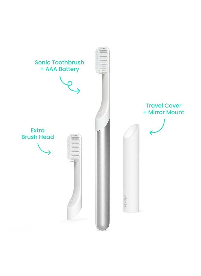 Sonic Toothbrush For Adults With Timer - Includes Extra Brush Head And Travel Cover Mount - Electric, Soft Bristle Refill Head, Metal Handle, 3 Month Battery Life - Travel Toothbrush - Silver