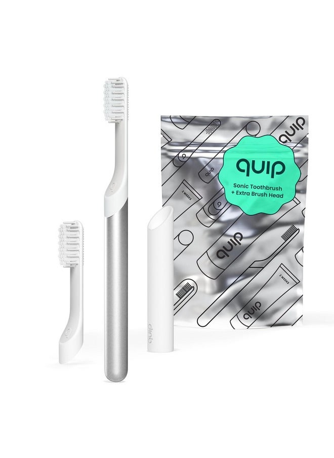 Sonic Toothbrush For Adults With Timer - Includes Extra Brush Head And Travel Cover Mount - Electric, Soft Bristle Refill Head, Metal Handle, 3 Month Battery Life - Travel Toothbrush - Silver