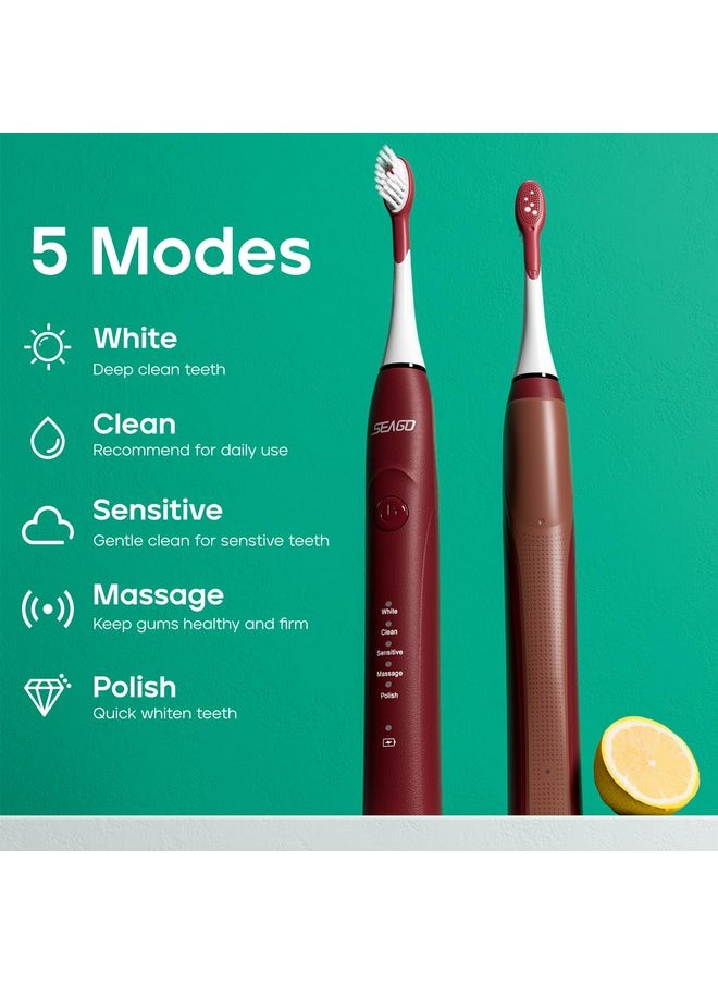 Electric Toothbrush, Rechargeable Sonic Toothbrush Last For 30 Days With 5 Modes And 2 Mins Timer, Portable Electric Toothbrushes For Adults With 8 Pcs Brush Heads (Red)