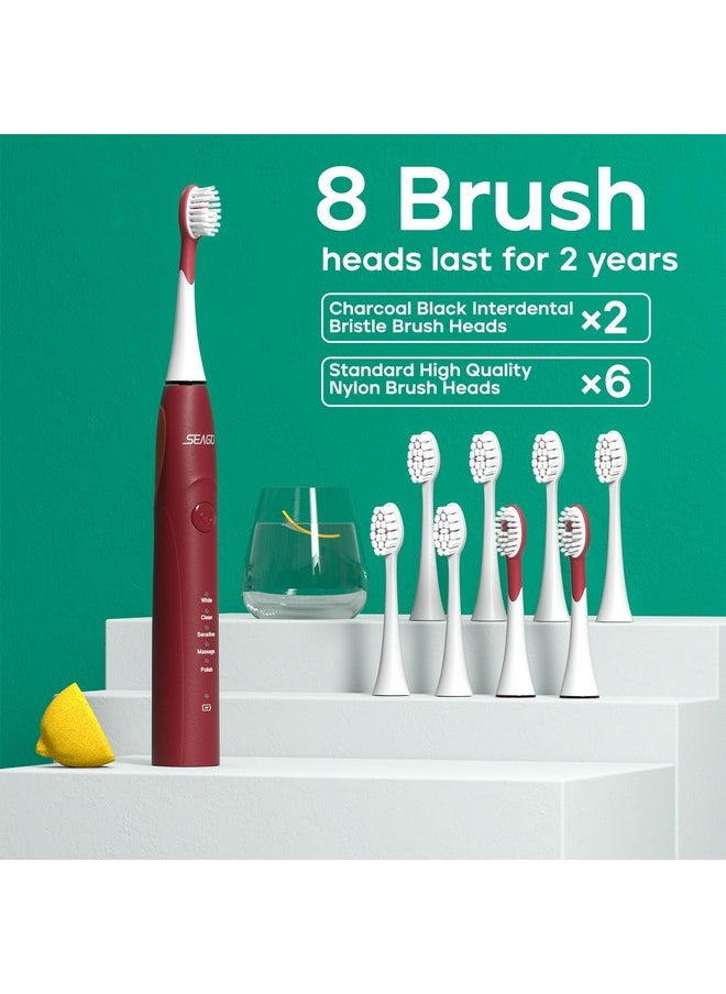 Electric Toothbrush, Rechargeable Sonic Toothbrush Last For 30 Days With 5 Modes And 2 Mins Timer, Portable Electric Toothbrushes For Adults With 8 Pcs Brush Heads (Red)