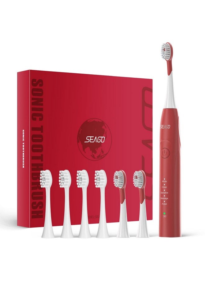 Electric Toothbrush, Rechargeable Sonic Toothbrush Last For 30 Days With 5 Modes And 2 Mins Timer, Portable Electric Toothbrushes For Adults With 8 Pcs Brush Heads (Red)