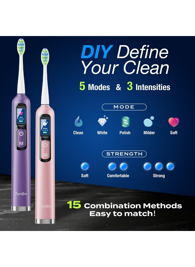 Electric Toothbrush For Adults & Teens With Led Screen, 3 Intensity Levels & 5 Modes, One Charge For 90 Days, Fast Charge & Holder, 2 Mins Built In Smart Timer, With 8 Brush Heads (Pink)