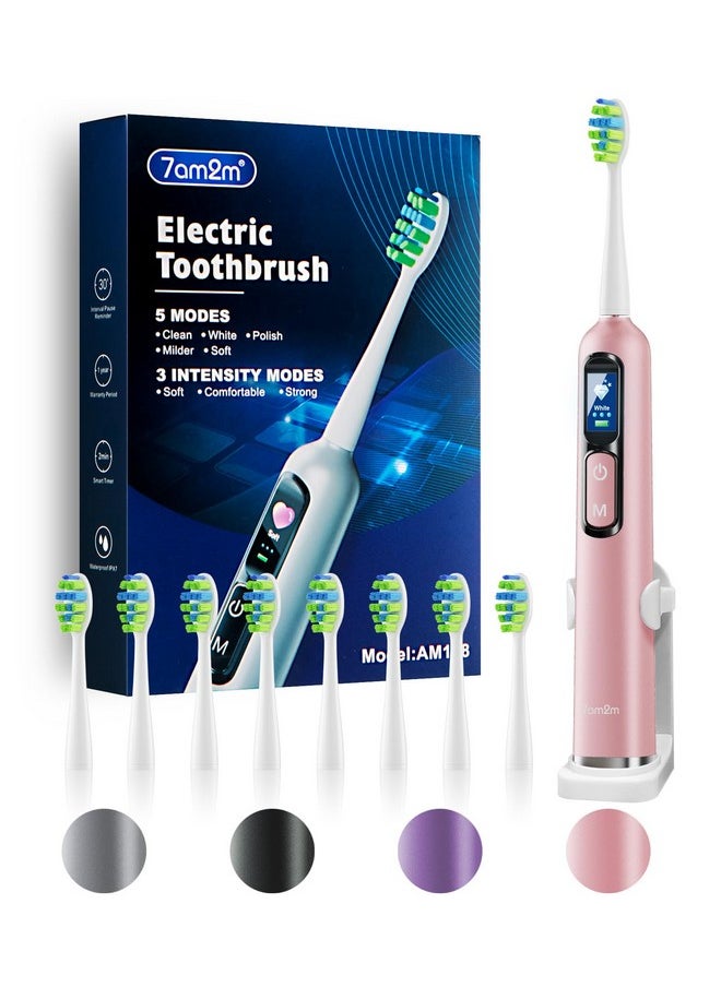 Electric Toothbrush For Adults & Teens With Led Screen, 3 Intensity Levels & 5 Modes, One Charge For 90 Days, Fast Charge & Holder, 2 Mins Built In Smart Timer, With 8 Brush Heads (Pink)