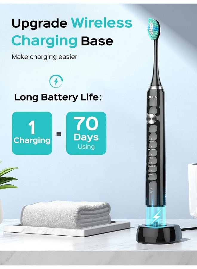 Electric Toothbrush For Adults And Kids: Wireless Rechargeable Tooth Brush For Kid Ages 12+ And Adult With Portable Travel Case, 5 Modes 47000 Vpm Power Toothbrushes 6 Brush Heads Black