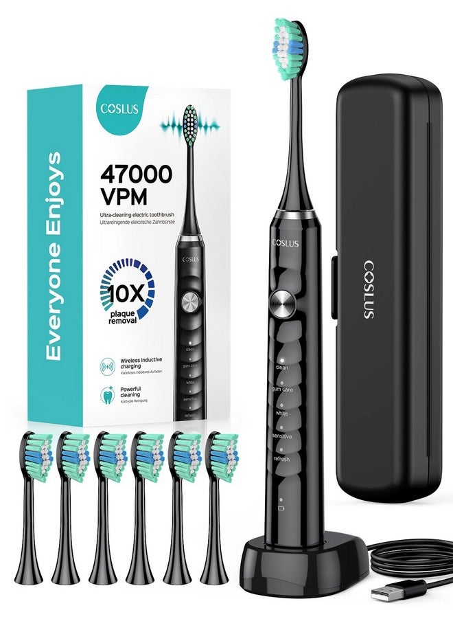 Electric Toothbrush For Adults And Kids: Wireless Rechargeable Tooth Brush For Kid Ages 12+ And Adult With Portable Travel Case, 5 Modes 47000 Vpm Power Toothbrushes 6 Brush Heads Black