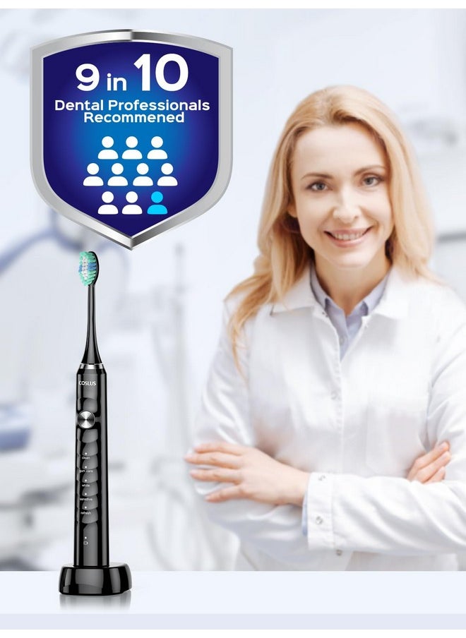 Electric Toothbrush For Adults And Kids: Wireless Rechargeable Tooth Brush For Kid Ages 12+ And Adult With Portable Travel Case, 5 Modes 47000 Vpm Power Toothbrushes 6 Brush Heads Black