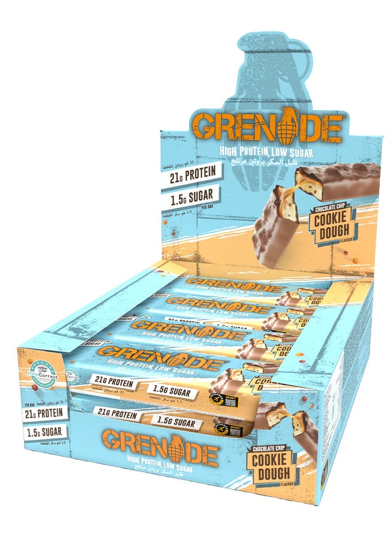 Grenade High Protein, Low Sugar Bar - Chocolate Chip Cookie Dough, 12 x 60 g