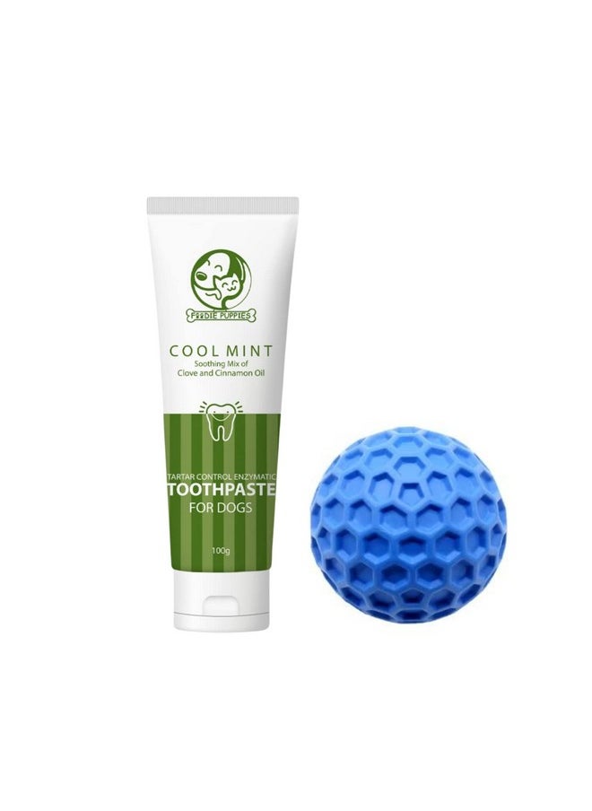 Dog Dental Oral Care Combo Of Toothpaste And Teething Chew Toy - (Golf Ball + Coolmint Toothpaste, 100Gm) Soothing Mix Of Clove And Cinnamon Oil And Hard Chew Toy