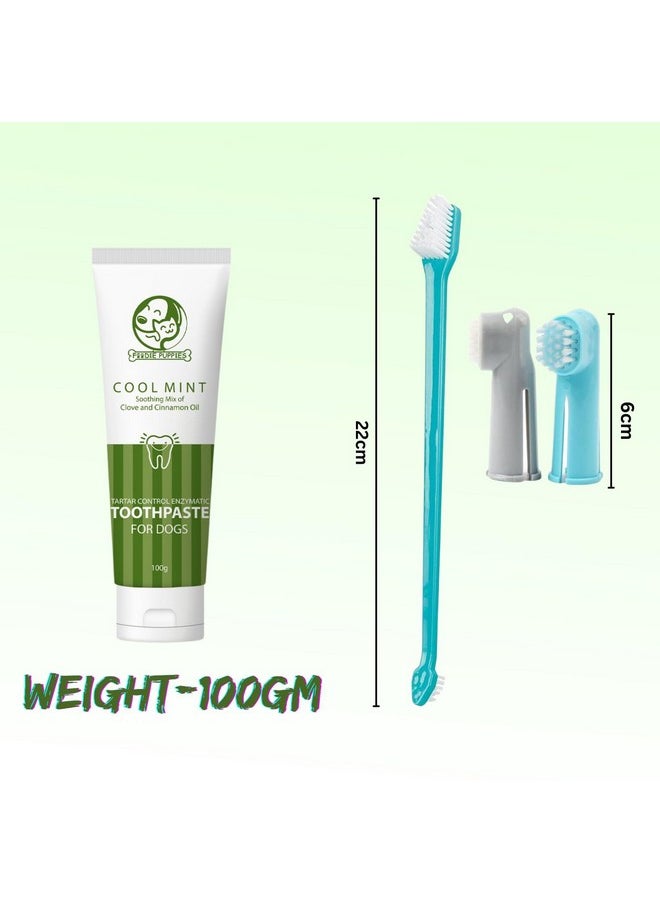 Pet Dental Oral Care Kit Combo - (Coolmint Toothpaste- 100G + 3Pcs Toothbrush) For Dogs | Soothes Inflame Gums, Remove Bad Breath, And Mix Of Clove & Cinnamon Oil For Dogs And Puppies