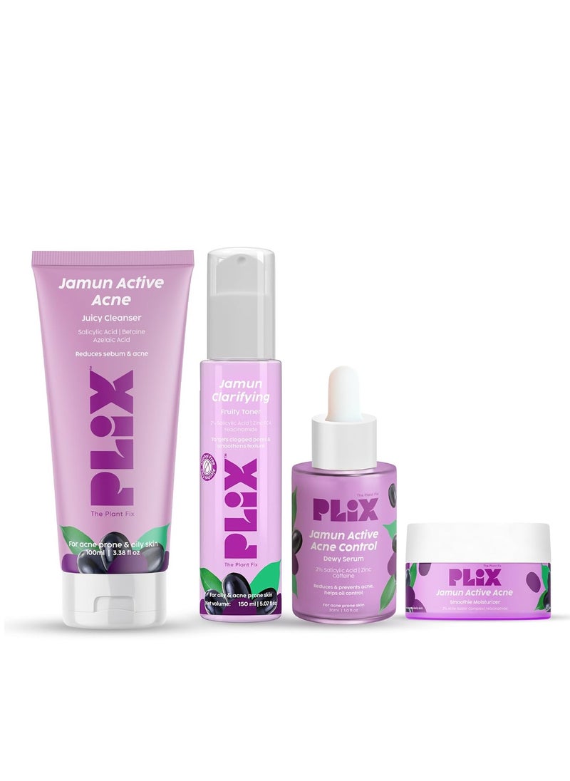 PLIX - THE PLANT FIX Jamun Active Acne Range With Cleanser, 2% Salicylic Acid Serum, Smoothie Moisturizer, & Toner l Reduces Active Acne l Detoxifies The Skin l Soothes Redness l All Skin Types