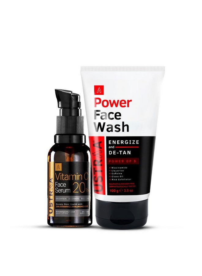 Power Face Wash -100G - Energize & De-Tan | For Effective Tan Removal | Helps Brighten Skin & 20% Vitamin C Face Serum - 30Ml | 20% Vitamin C In Pure Form | Anti-Aging, Brightening