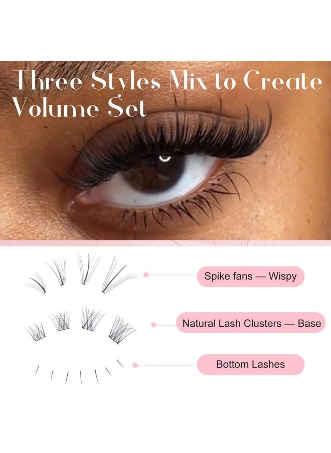 Wispy Lash Clusters Kit Individual Lashes Multi-Type Mixed Diy Lash Extensions Kit With Bottom Lashes, 7D Spike Fans, Light Volume Fans, Natural Eyelash Clusters For Self Application At Home