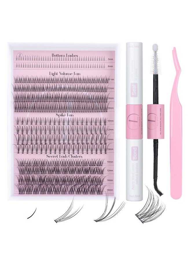 Wispy Lash Clusters Kit Individual Lashes Multi-Type Mixed Diy Lash Extensions Kit With Bottom Lashes, 7D Spike Fans, Light Volume Fans, Natural Eyelash Clusters For Self Application At Home