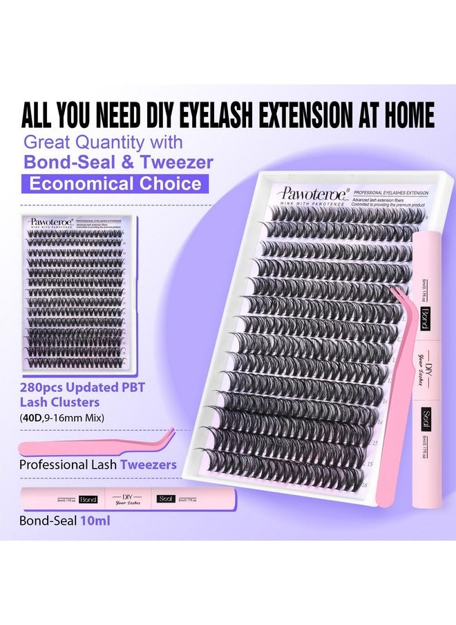 Lash Clusters Kit 40D Individual Lashes Extension Kit Diy 280Pcs 9-16Mm Cluster Eyelash Extension Kit With Lash Bond And Seal, Lash Tweezers For Self Use (40D, 0.07D, 9-16Mm, Kit)