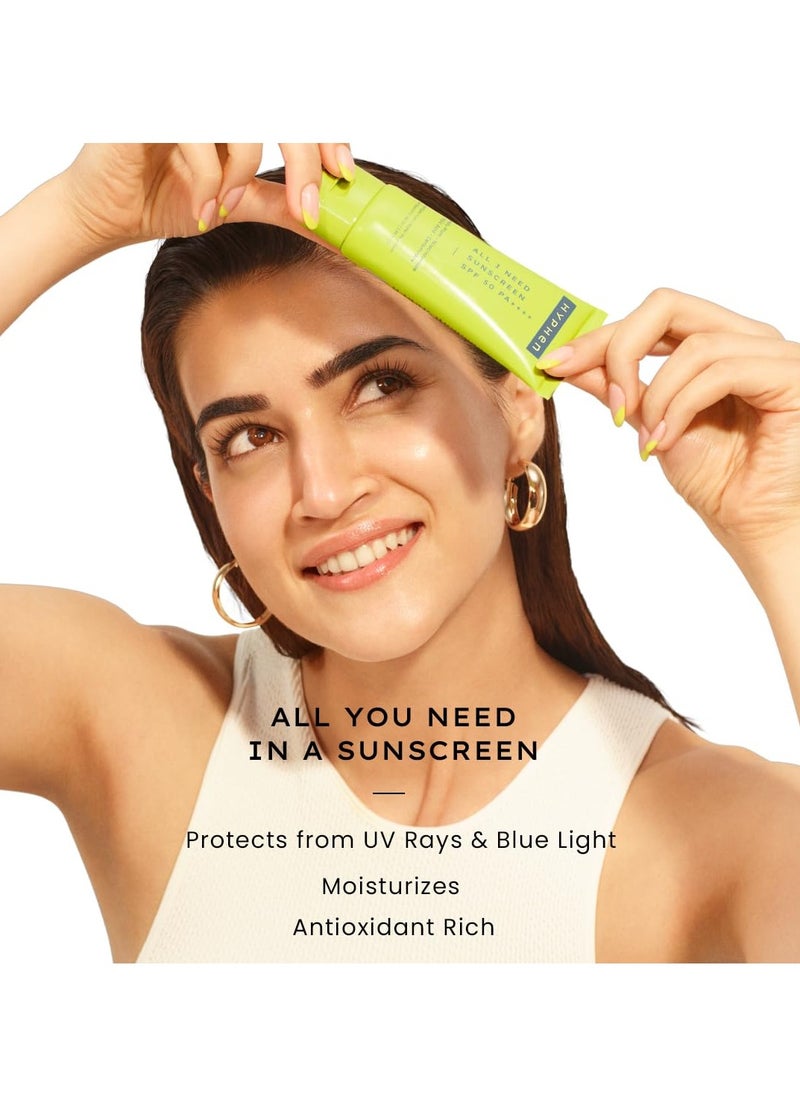 Hyphen All I Need Sunscreen SPF 50 PA ++++ | Lightweight Sun Cream That Moisturizes & Leaves No White Cast | UVA & UVB Sun Protection & Blue Light Protection | Niacinamide, Ceramide Mineral Sunscreen SPF 50 for Women and Men | Rich in Anti-Oxidants | Korean Sunscreen for Dry, Oily, All Skin Types | 50ml