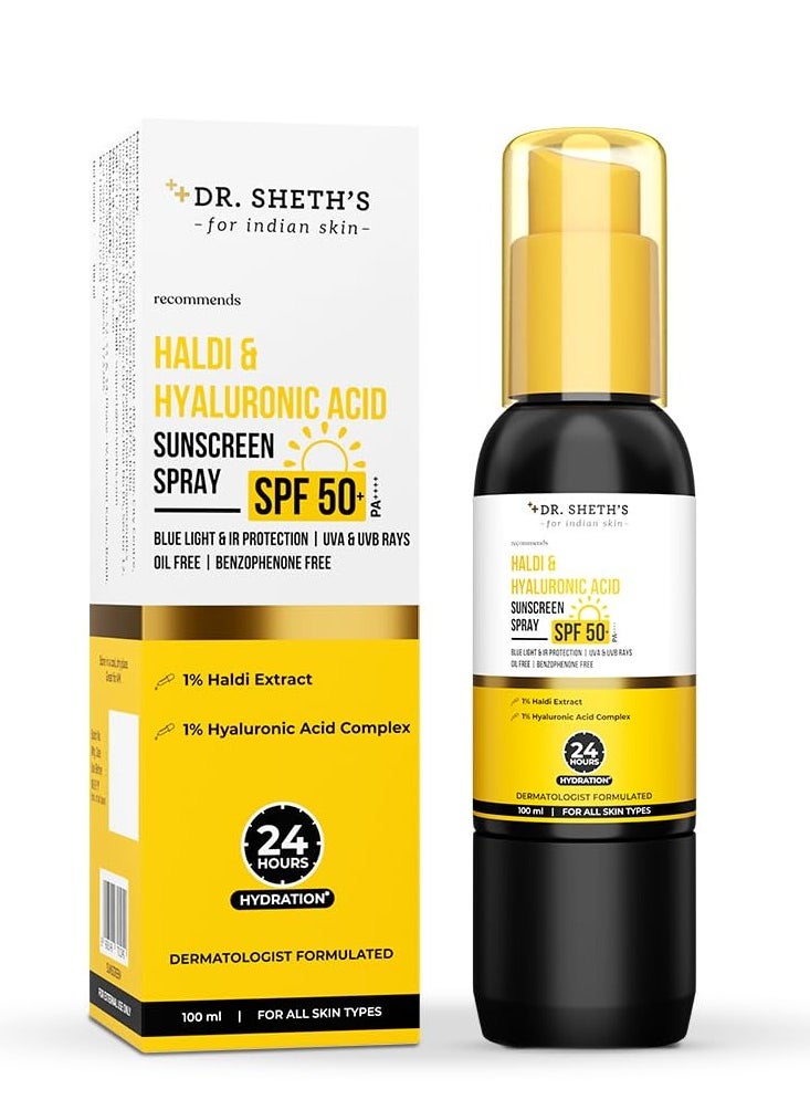 Dr. Sheth's Haldi & Hyaluronic Acid Sunscreen Spray|Spf 50+ Pa++++|Lightweight, Non-Greasy|24 Hours Hydration, Non-Comedogenic|For Men & Women|Benzophenone Free|Mess-Free|100Ml|For All Skin Types