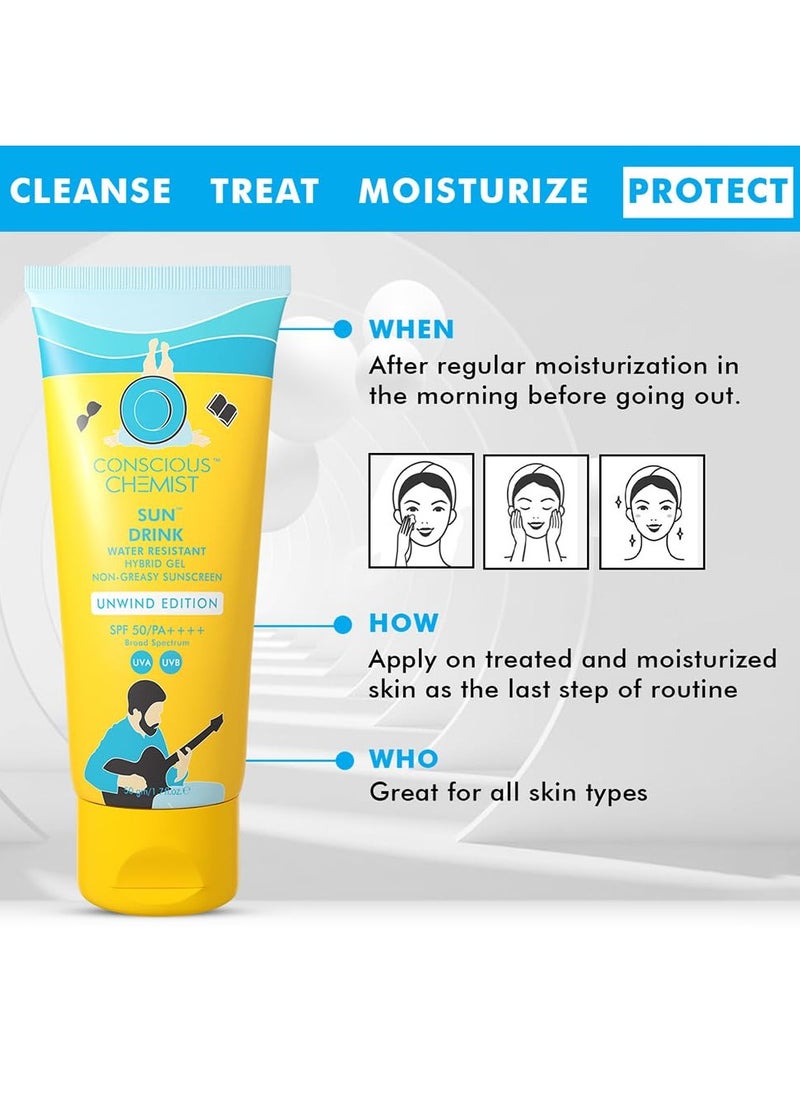 Conscious Chemist Sunscreen SPF 50 PA++++ | 50g | Sunscreen SPF 50 for Dry Skin, Sunscreen for Dry Skin, Hybrid Gel with Ceramides, UVA/UVB Protection, All Skin Types - Sun Drink (Unwind Edition)