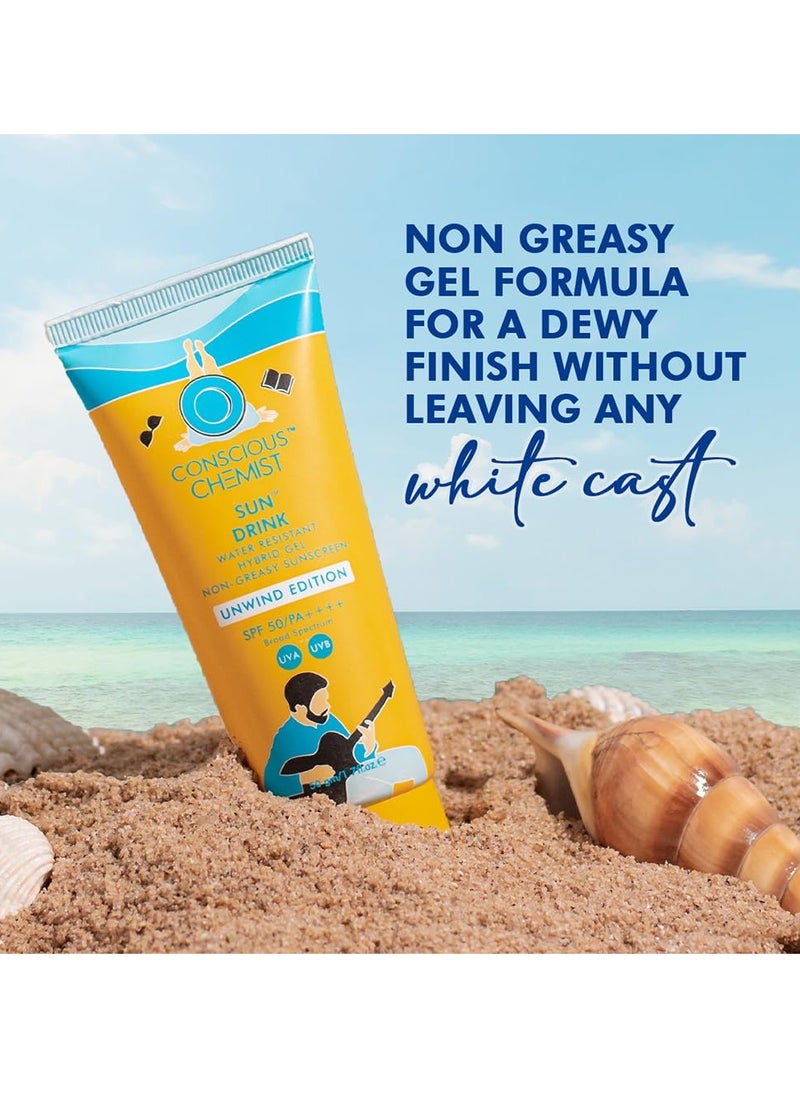 Conscious Chemist Sunscreen SPF 50 PA++++ | 50g | Sunscreen SPF 50 for Dry Skin, Sunscreen for Dry Skin, Hybrid Gel with Ceramides, UVA/UVB Protection, All Skin Types - Sun Drink (Unwind Edition)