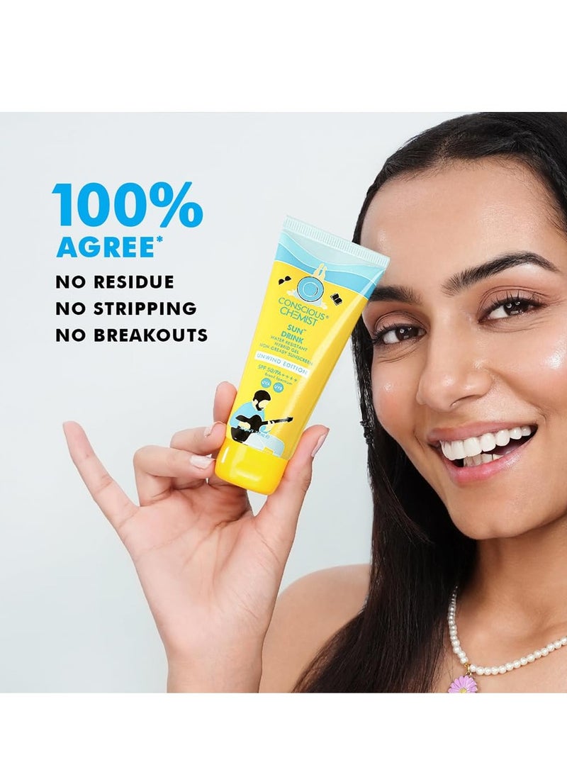 Conscious Chemist Sunscreen SPF 50 PA++++ | 50g | Sunscreen SPF 50 for Dry Skin, Sunscreen for Dry Skin, Hybrid Gel with Ceramides, UVA/UVB Protection, All Skin Types - Sun Drink (Unwind Edition)