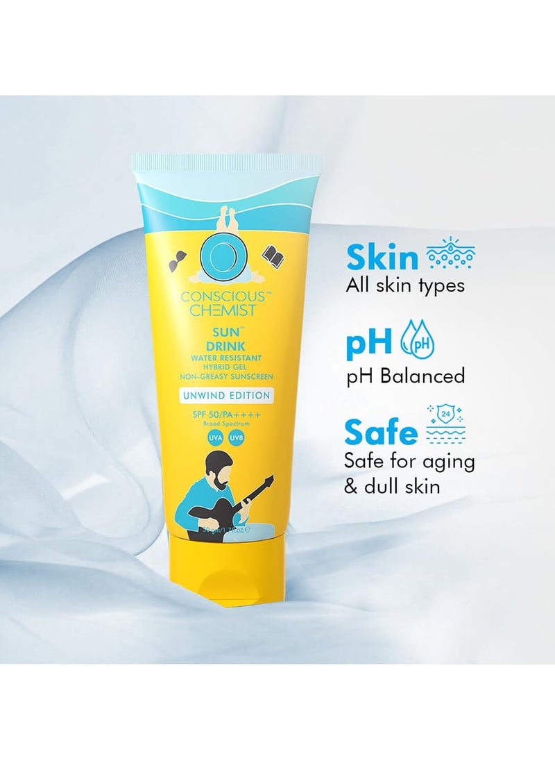 Conscious Chemist Sunscreen SPF 50 PA++++ | 50g | Sunscreen SPF 50 for Dry Skin, Sunscreen for Dry Skin, Hybrid Gel with Ceramides, UVA/UVB Protection, All Skin Types - Sun Drink (Unwind Edition)