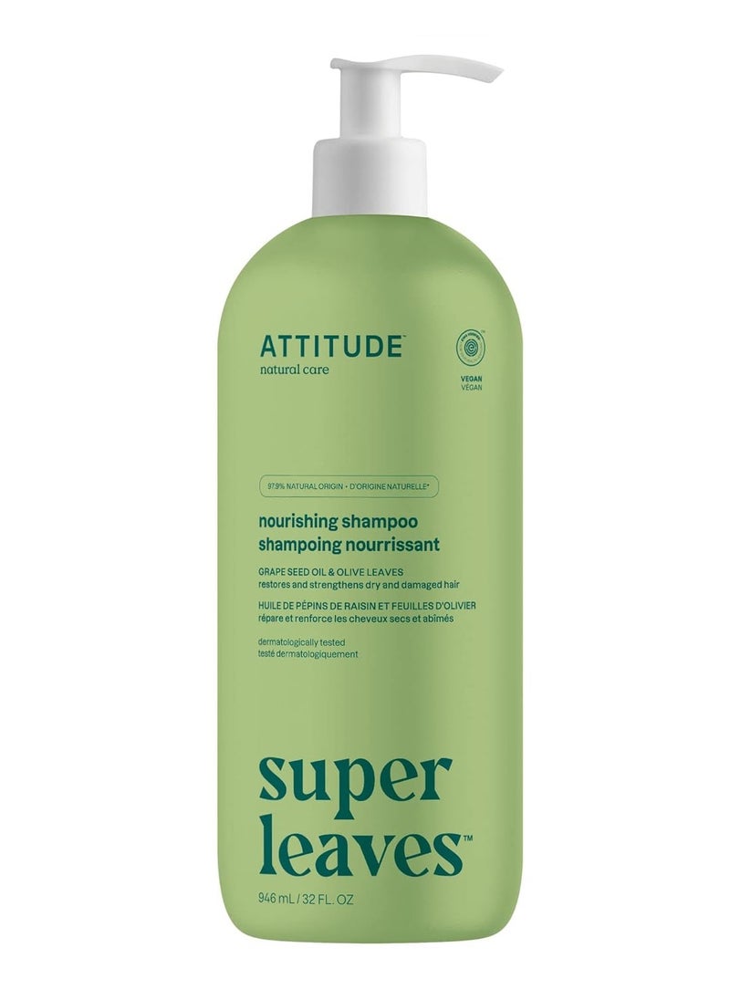 ATTITUDE Nourishing Hair Shampoo, EWG Verified, For Dry and Damaged Hair, Naturally Derived Ingredients, Vegan and Plant Based, Grapeseed Oil and Olive Leaves, 32 Fl Oz